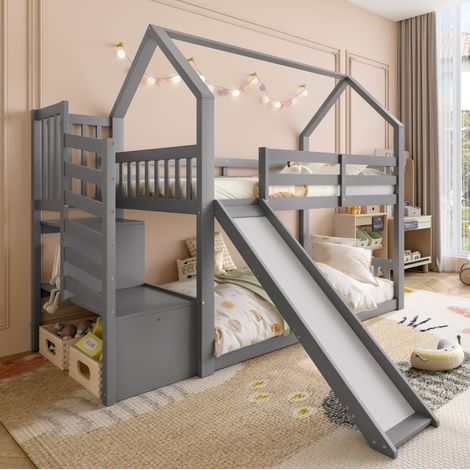 Litera infantil 90x200 cm gris de pino y MDF con escalera, tobogán y almacenaje (1/5)