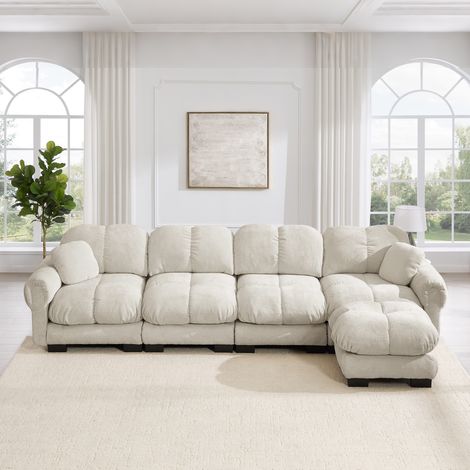 Sofá de salón en forma de L para 4 personas, tela de chenilla, sofá modular con otomana móvil, diseño de acolchado fino, suave y de soporte, respaldo ergonómico, fácil de montar, color caqui claro (1/5)
