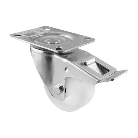 Roulette pivotante blanche avec base et frein - 125mm/180kg, INTHER. (1/5)