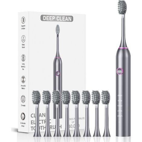 Brosse à dents électrique sonique 40000 vibrations 5 modes poils DuPont étanche, 8 têtes de remplacement Gris (1/5)