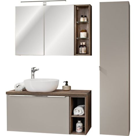 Set VANTA taupe: Waschbeckenunterschrank 100cm + Aufsatzwaschbecken + Stauraummöbel + Spiegel + LED