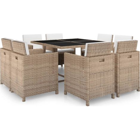 Vidaxl – Ensemble salon de jardin 9 pcs – Table carrée 109x109cm avec verre trempé – 8 chaises confortables en résine tressée beige