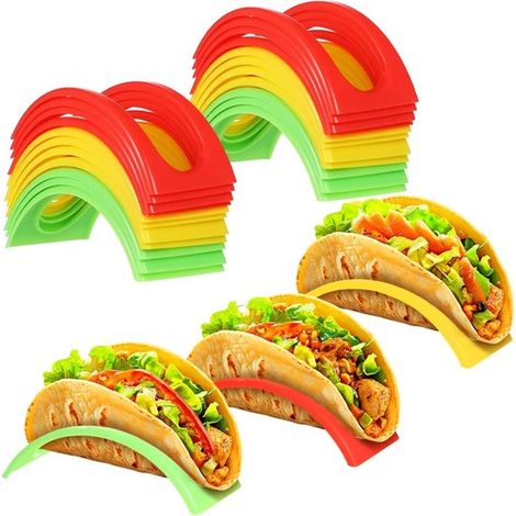 18 supporti per taco colorati, impilabili, in plastica, lavabili in lavastoviglie, ideali per feste, pranzi in famiglia e ristoranti. (1/5)