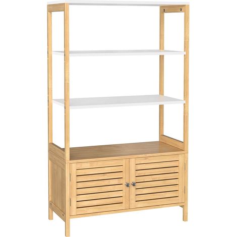 Meuble de Salle de Bain, Armoire de Rangement Haute, avec 3 étagères et 1 Placard à 2 Portes, en Bambou, 70 x 30 x 120 cm, Couleur Boisée et Blanc BCB010N01 (1/5)