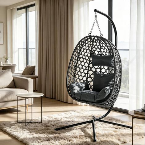 Hängesessel 105x105x195 cm dunkelgrau aus Metall und PE-Rattan mit verstellbarer Höhe und 360°-Schaukelfunktion (1/3)