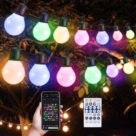 Guirlande Lumineuse Exterieure, 20 LED Guirlande Guinguette Exterieur 10M avec Télécommande et App, Minuterie, 16 Millions de Couleurs et 50 Modes de Scène, Guirlande Exterieur pour Jardin Fête