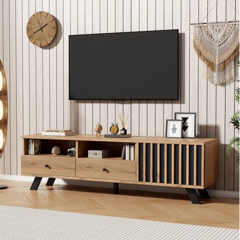 Mobile TV in truciolare color legno naturale e nero 150,0 x 38,0 x 44,0 cm con 2 cassetti, 1 anta e vani contenitivi (1/5)
