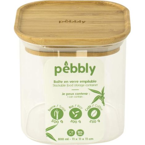 Boite Haute en Verre avec Couvercle en Bambou Carrée 800 ml Empilable, Pour Conserver aliments secs, céréales, amandes (1/5)