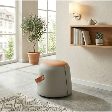 Fauteuil Pouf Compact en PU avec Poignée, Siège Rembourré et Coutures Décoratives, Gris et Orange (1/5)