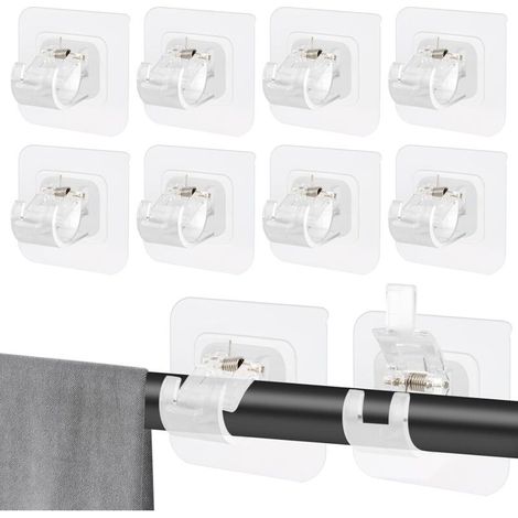 10 Pièces Support Tringle Rideaux Sans Percage,Supports de Tringle Auto Adhésifs Transparent,Support AméLioré Rideaux,Sans Percage Support Crochets pour la Maison, la Salle de Bain