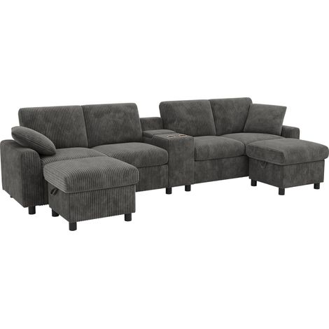 Divano U in tessuto grigio con 2 pouf contenitore, USB e prese (1/5)