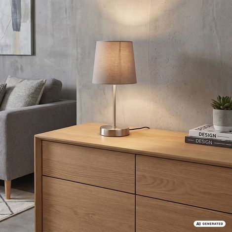 B.K.Licht Lampe de table LED avec abat-jour textile 308x100mm ronde 1xE14 max 25W lumière blanche chaude taupe nickel mat lampe bureau chevet salon