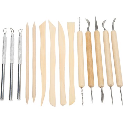 Lot de 14 outils de modelage en bois et acier inoxydable, manche en bois durable, double extrémité, sculptage d'argile polymère, usage polyvalent (1/5)