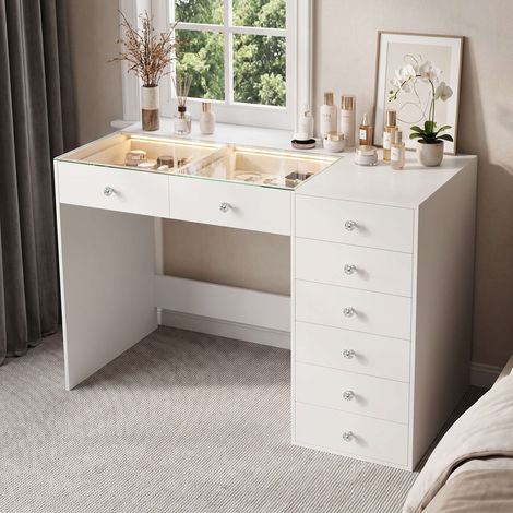 FENCHILIN Coiffeuse avec éclairage LED luminosité réglable 8 tiroirs 120 x 81 x 55 cm Blanc
