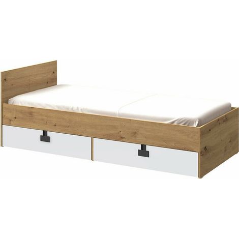Lit Florevi 106, Mat blanc + Chêne Artisan, Unique, 90x200, Stratifié, Disponible, 93x203x71cm