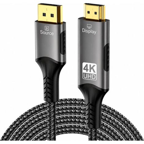 Câble DisplayPort vers HDMI – 4K 60Hz – 2 mètres – Nylon – PC vers moniteur, projecteur – Gris (1/5)