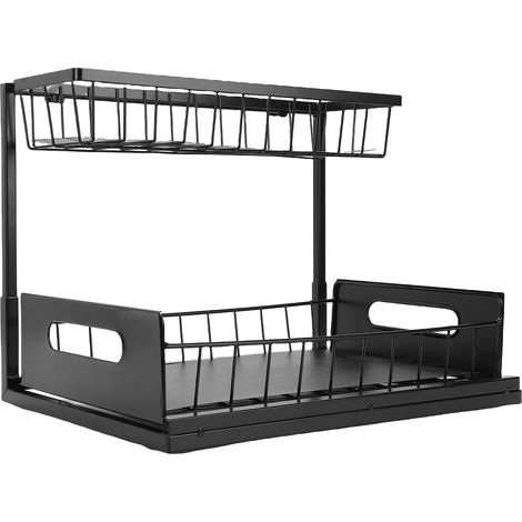Étagère de rangement sous évier à 2 niveaux, coulissante, en métal, pour cuisine et salle de bain, noire. (1/5)