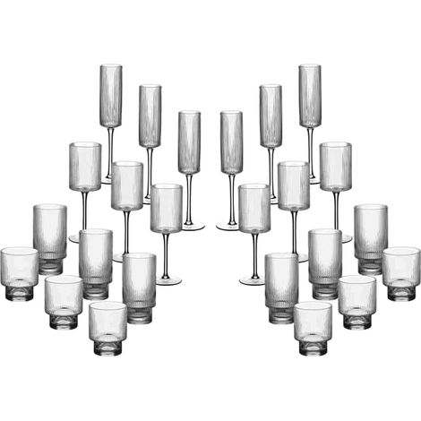 Set de verres complet LINJE 24 pièces en cristallin sans plomb Service de verres pour eau, jus, vin et champagne Gobelets bas et hauts, verres à pied et flûtes design strié moderne (1/5)