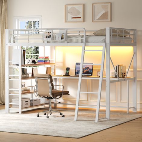 Lit mezzanine 2 places 140x200 cm avec bureau intégré et rangements, LED Bluetooth et station de charge USB, métal blanc (1/5)