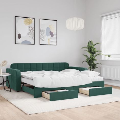 vidaXL Lit de jour avec gigogne et tiroirs vert foncé 90x200cm velours (1/5)
