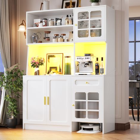 Mueble de cocina 130 x 45 x 180 cm con puertas de vidrio y LED, blanco DESVIAE (1/5)