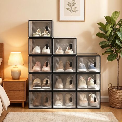 Modulares Schuhorganisationsystem – stabiler Halter mit stapelbaren Fächern, ideal für Flur, Bad, Schlafzimmer oder Garage – inkl. 12 Aufbewahrungsboxen – multifunktionale Ablage für Schuhe, Spielzeug