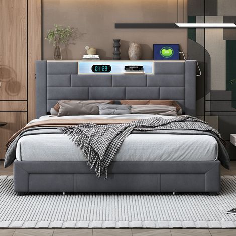 Lit double capitonné 140x200 cm, avec 3 tiroirs et éclairage LED, espace de rangement fonctionnel avec tête de lit, sommiers à lattes, velours, gris (1/5)