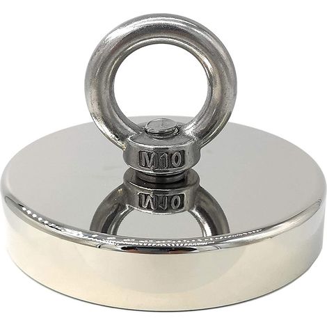 1 Aimant néodyme, 320 kg, Ø 90 mm, œillet intégré, revêtement nickel, pour pêche magnétique, levage lourd (1/5)
