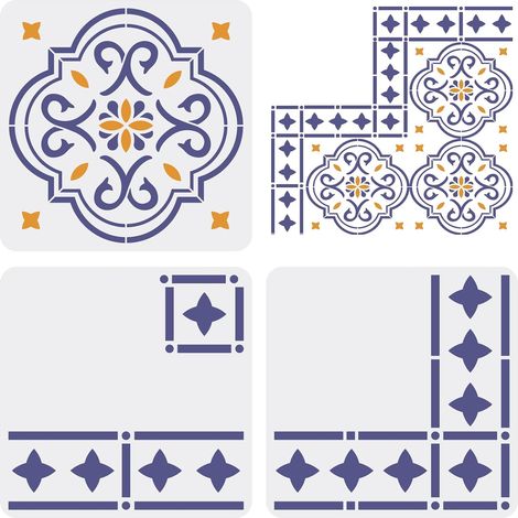 Lot de 3 Pochoirs pour Carrelage 30X30 cm Pochoirs Réutilisables pour Bordures et Coins Pochoir Muraux Marocains pour Peinture Des Pochoir en Béton pour Terrasse, Carrelage, Mur (1/5)