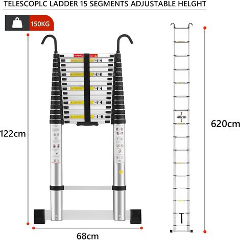 Stanew – Échelle télescopique pliante 6.2M en aluminium – Stabilisateur et crochets amovibles – Marches antidérapantes de 40cm – Charge maximale élevée
