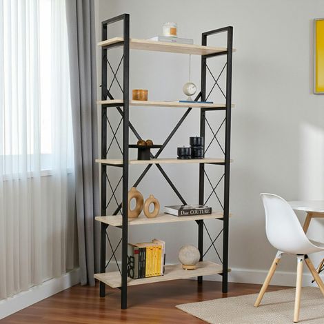 Bibliothèque étagère noire, 5 plateaux effet travertin JENA (1/5)