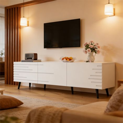 Grand meuble TV 180x40x48 cm, blanc motif imprimé, avec 3 portes battantes, meuble bas pour salon, support TV jusqu'à 80 pouces, grand rangement, buffet armoire en MDF.