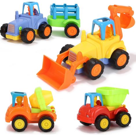 Voiture jouet pour bébé, véhicules de chantier à friction, voiture en plastique, cadeau pour garçons de 1 à 3 ans, lot de 4 : camion, tracteur, niveleuse, bétonnière
