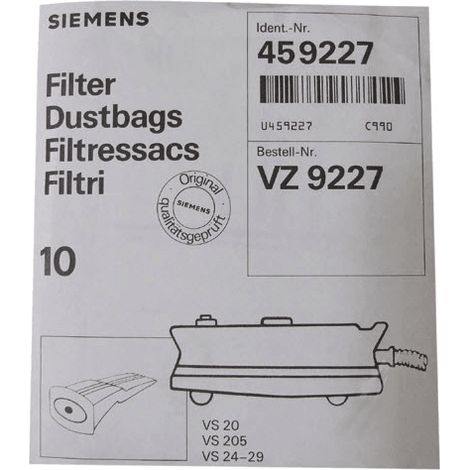 SACHET DE SACS SIEMENS VZ9227 POUR PETIT ELECTROMENAGER BOSCH - 00459227