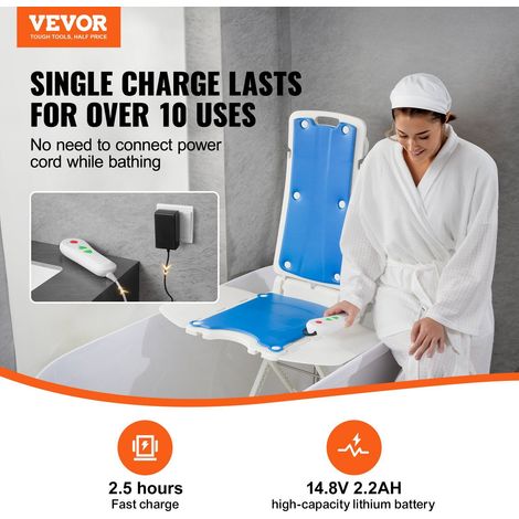 Élévateur de baignoire électrique pour senior et mobilité réduite, réglable 77-507 mm, charge 140,6 kg, dossier incliné 45°, IPX8, batterie 14,8V 2,2Ah (1/5)