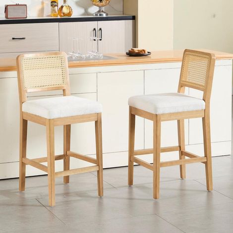 Barhocker 2er Set mit Rattan Rückenlehne und Holzbeinen, weiß (1/5)