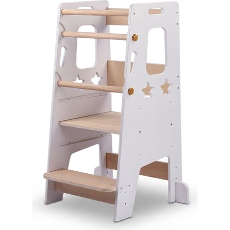 Relaxdays Learning Tower Stars, adjustable height, anti-tip, HWD 90 x 44 x 44 cm, toddler step, white/natural