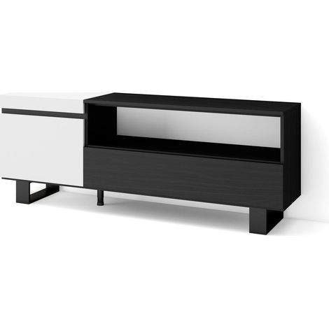Skraut Home - Meuble TV, Banc Télé, Grand espace de Rangement, 150x57x35cm, Pour les TV jusqu'à 65", Design industriel, Style moderne, Blanc et noir (1/5)