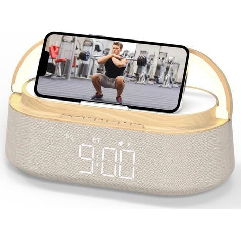 Enceinte Bluetooth avec chargement sans fil, radio FM et veilleuse LED, idéale pour la maison, la chambre, le bureau ou comme cadeau. (1/4)