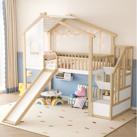 Letto a soppalco a casetta in legno massello naturale e bianco 90x200 cm con scivolo, scala contenitore e testiera finestra