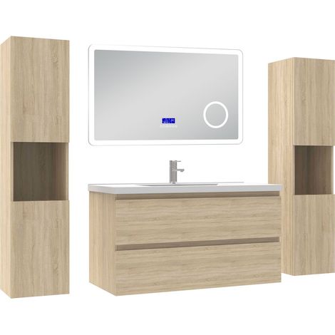 Ocean ensemble meuble 100 cm Chêne Wotan avec 2 tiroirs à fermeture automatique, lavabo céramique + miroir salle de bain Bluetooth tricolore + 2 colonnes hautes, suspendu