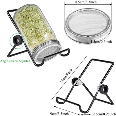 Kit de 6Pcs Couvercles Germination avec 4Pcs Couvercle à Germer Écran en Acier Inoxydable et 2Pcs Supports de Germination pour Graines à Germoir (Noir) (1/2)