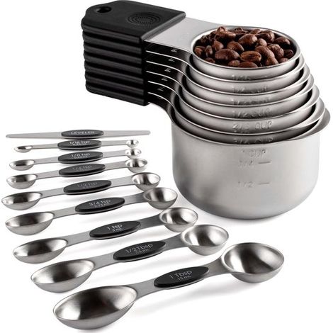 Set di misurini e cucchiai magnetici composto da 7 misurini impilabili in acciaio inox, 8 cucchiai dosatori magnetici a doppia faccia con livellatore per ingredienti secchi e liquidi (nero) (1/5)