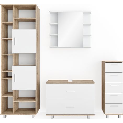 Set mobili bagno Ilias, Bianco/Sonoma, 4 parti, con armadio alto, Vicco