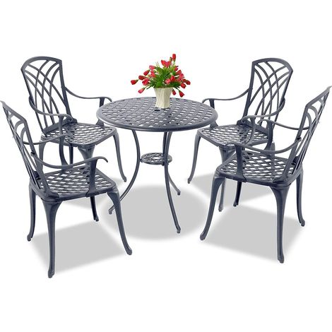 Homeology OSHOWA Luxurious Garden & Patio Table & 4 Large Chairs with Armrests Cast Aluminium Bistro Set Grey (1/5)