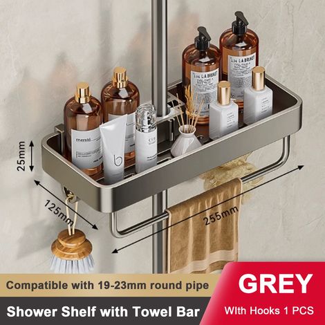 (1 pièce grise avec barre) Étagère de douche sans perçage avec porte-serviettes, étagère de salle de bain, porte-savon et porte-shampoing pour toilettes, organisateur de salle de bain en aluminium mas (1/5)