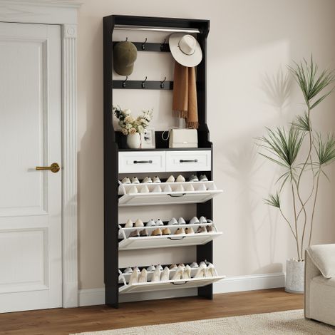 Meuble à chaussures noir avec penderie, 3 portes, 2 tiroirs