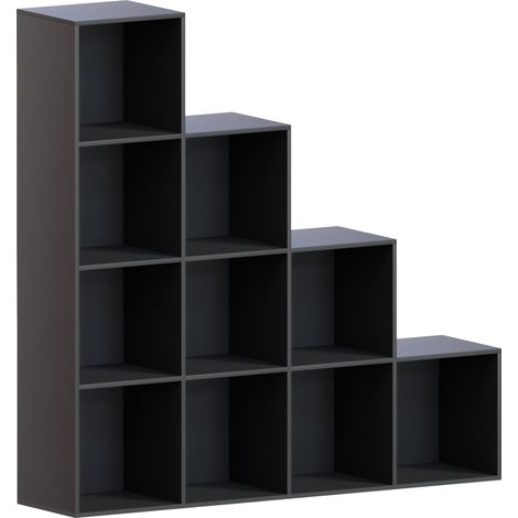 Durham 10 Cube Bookcase Staircase Shelf Wooden Display Storage Rack Free Standing Shelf Unit, Black-5-White-Baskets