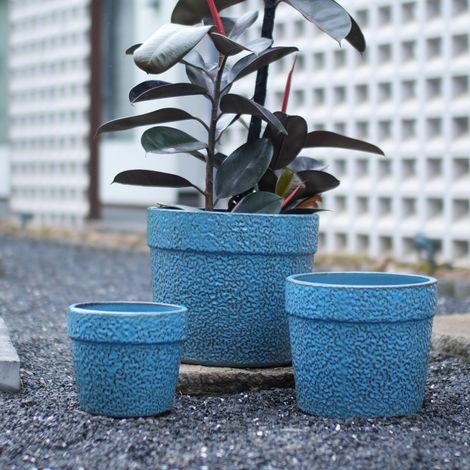 3-teiliges handgemachtes Keramikpflanztopf-Set (Ø 38,1/30,5/22,9 cm), blaue fleckig-körnige Glasur, ideal für Sukkulenten/Zimmerpflanzen, Fensterbänke/Bücherregale, atmungsaktive Tonware. (1/5)