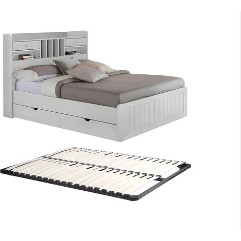 Vente-Unique – Lit avec tiroirs 140 x 190 cm – Pin laqué blanc – 2 grands tiroirs sous le lit – Tête de lit avec étagères